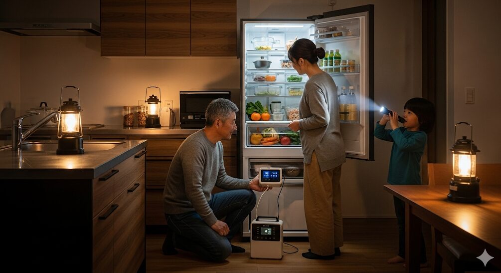 停電の夜、防災対策が整ったキッチンで、ポータブル電源に繋がれた冷蔵庫を囲む日本の家族。ランタンの灯りの下、安心して過ごす様子が、事前の備えの大切さを示している。